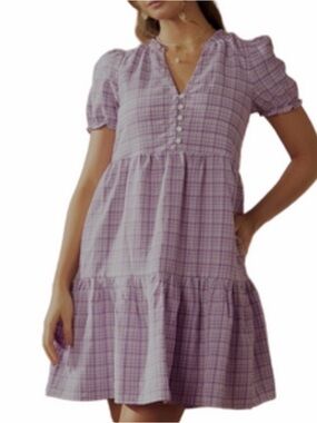 Lavender Plaid MODCLOTH Short Sleeve Tiered Dress NWT